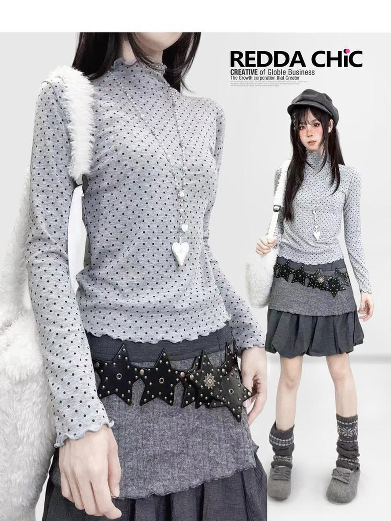 ReddaChic Princess Polka Dot Slim Mock Neck Knit Women Long Sleeve T-Shirts