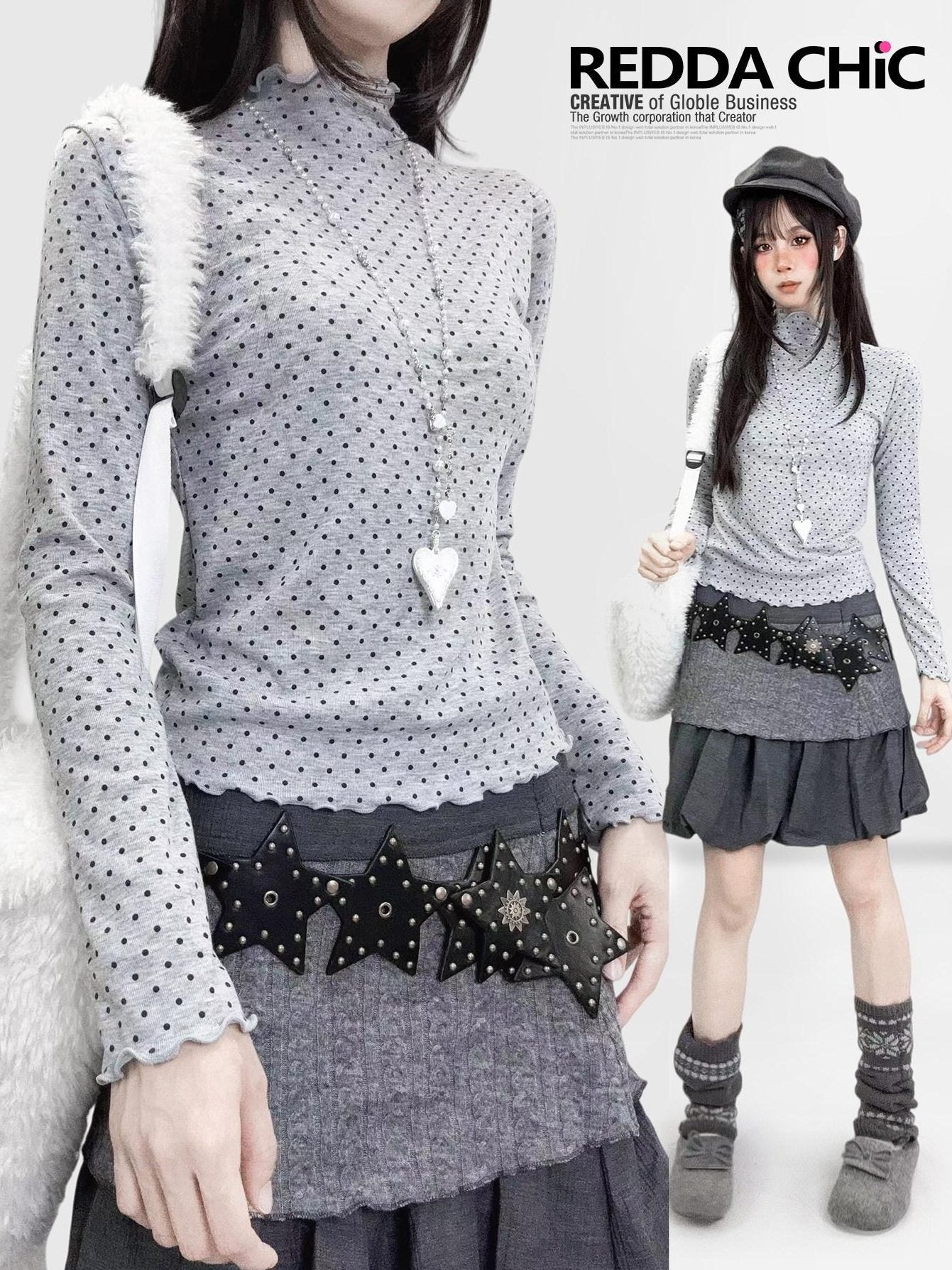 ReddaChic Princess Polka Dot Slim Mock Neck Knit Women Long Sleeve T-Shirts