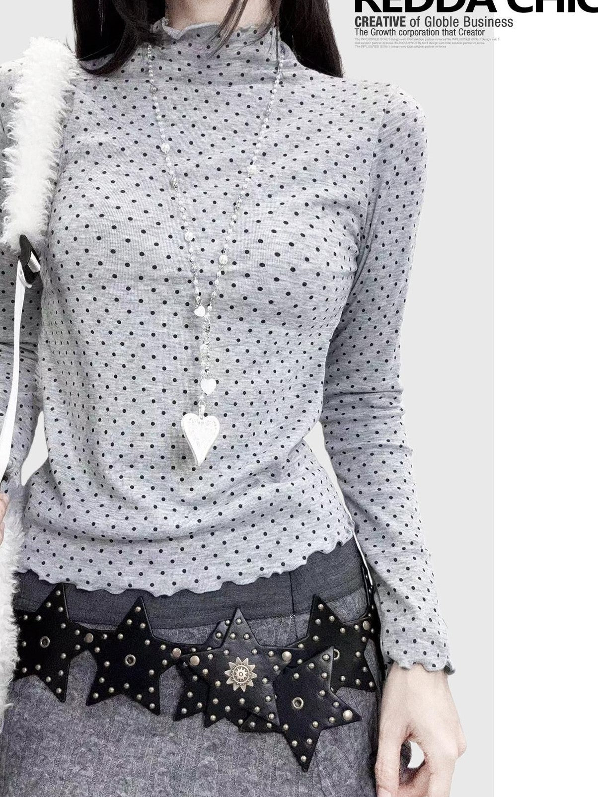 ReddaChic Princess Polka Dot Slim Mock Neck Knit Women Long Sleeve T-Shirts