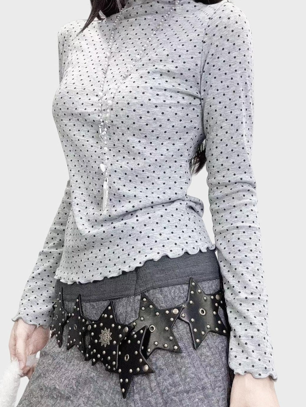 ReddaChic Princess Polka Dot Slim Mock Neck Knit Women Long Sleeve T-Shirts