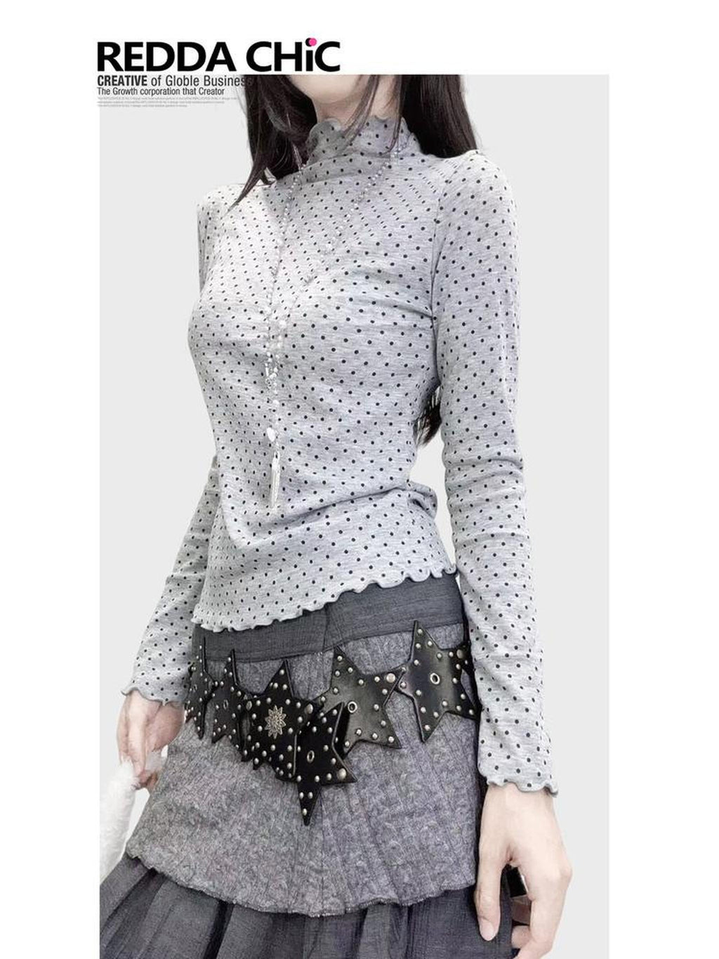 ReddaChic Princess Polka Dot Slim Mock Neck Knit Women Long Sleeve T-Shirts