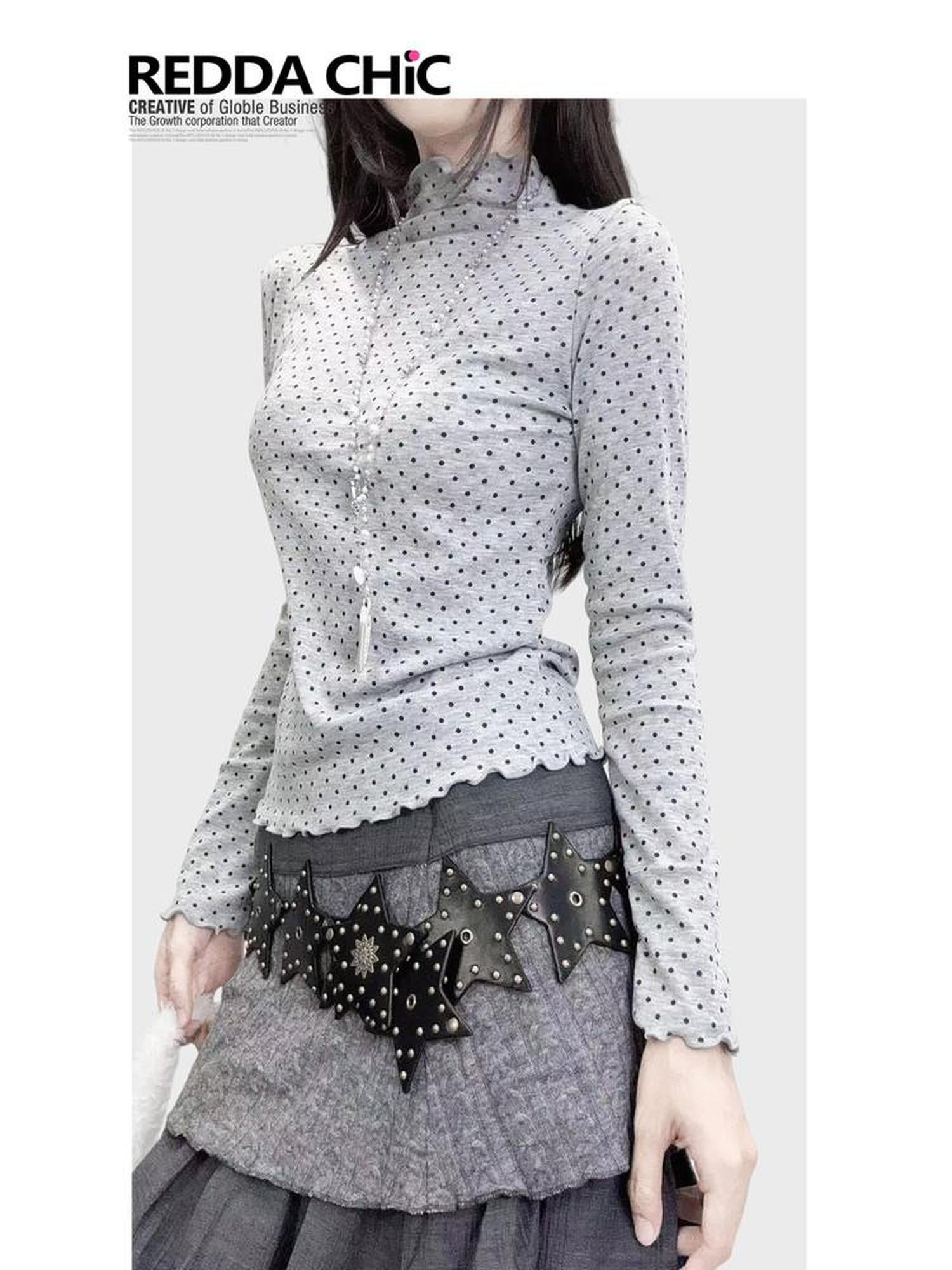 ReddaChic Princess Polka Dot Slim Mock Neck Knit Women Long Sleeve T-Shirts