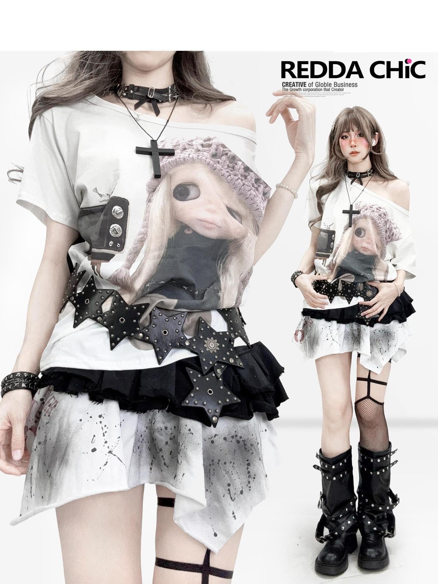 ReddaChic Printed Cotton Vintage Oversized Women Midlength Long Sleeve T-Shirts