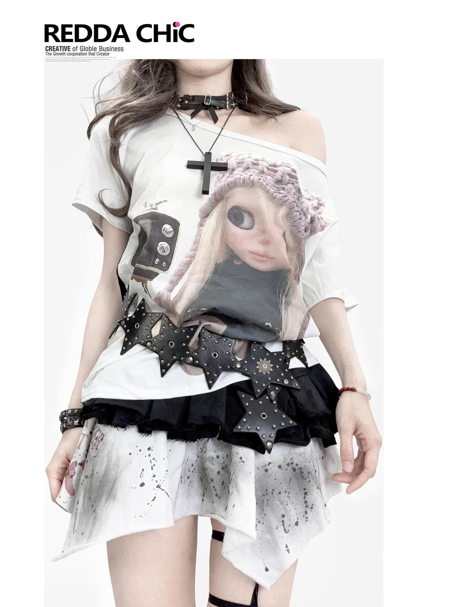 ReddaChic Printed Cotton Vintage Oversized Women Midlength Long Sleeve T-Shirts
