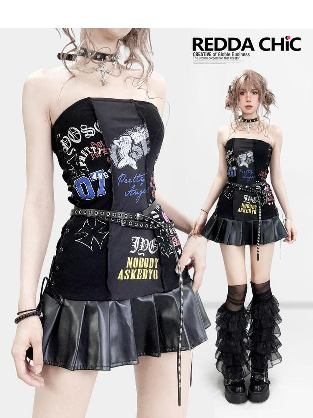 ReddaChic Punk Leather Strapless Slim Black Dance Stage Women Slip Maxi Dresses