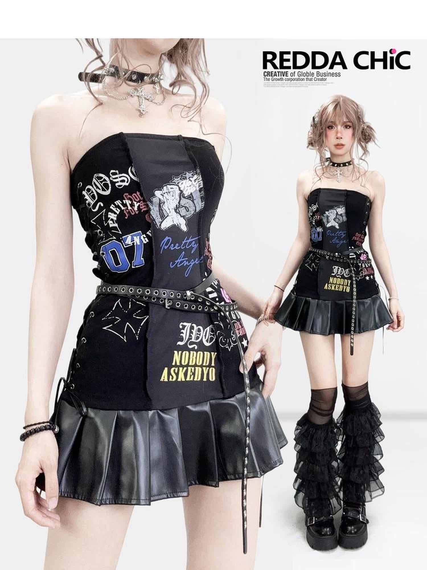 ReddaChic Punk Leather Strapless Slim Black Dance Stage Women Slip Maxi Dresses