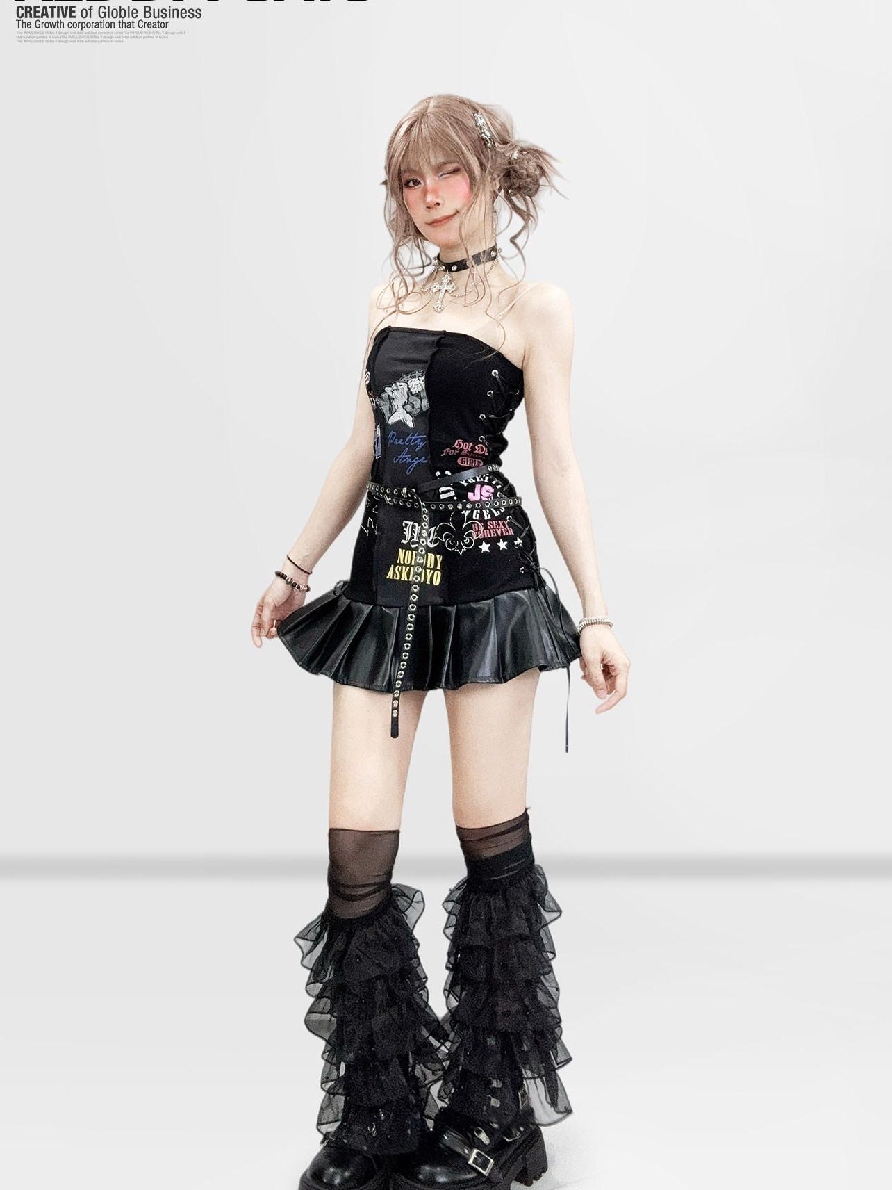 ReddaChic Punk Leather Strapless Slim Black Dance Stage Women Slip Maxi Dresses