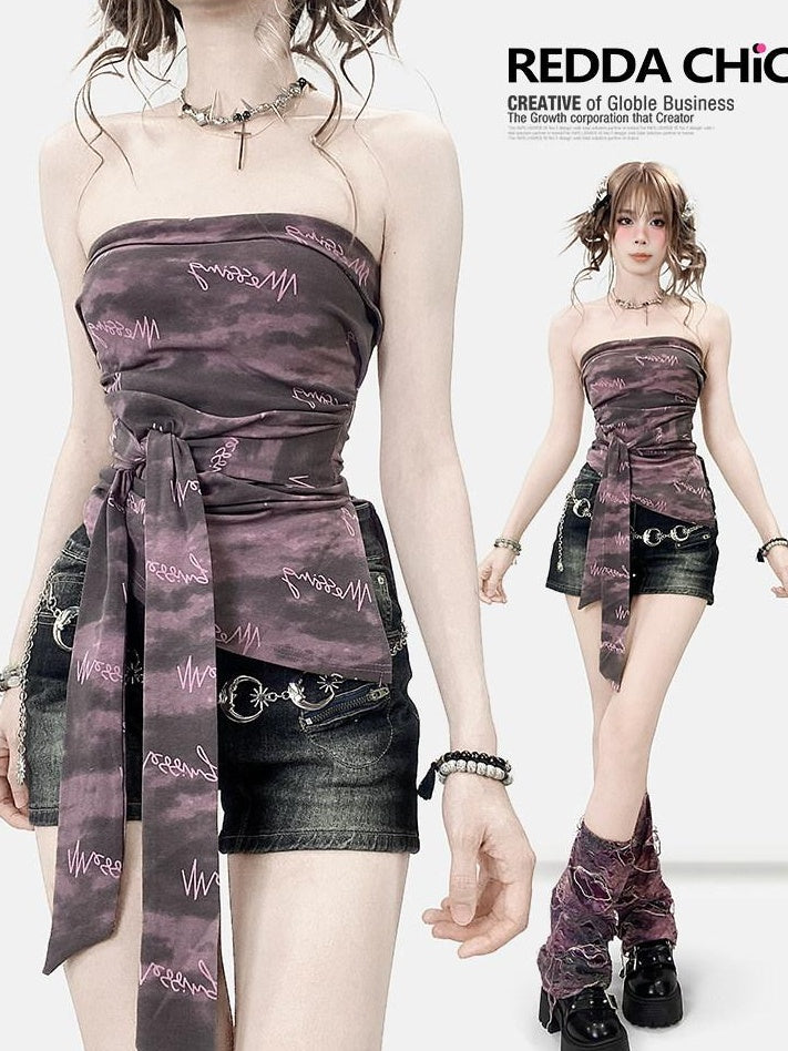 ReddaChic Purple Letter Print Slim Fit Cropped Casual Short Sleeve T-Shirts