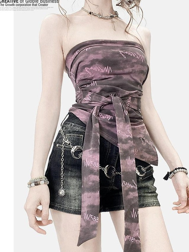 ReddaChic Purple Letter Print Slim Fit Cropped Casual Short Sleeve T-Shirts