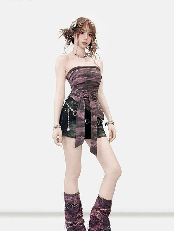 ReddaChic Purple Letter Print Slim Fit Cropped Casual Short Sleeve T-Shirts