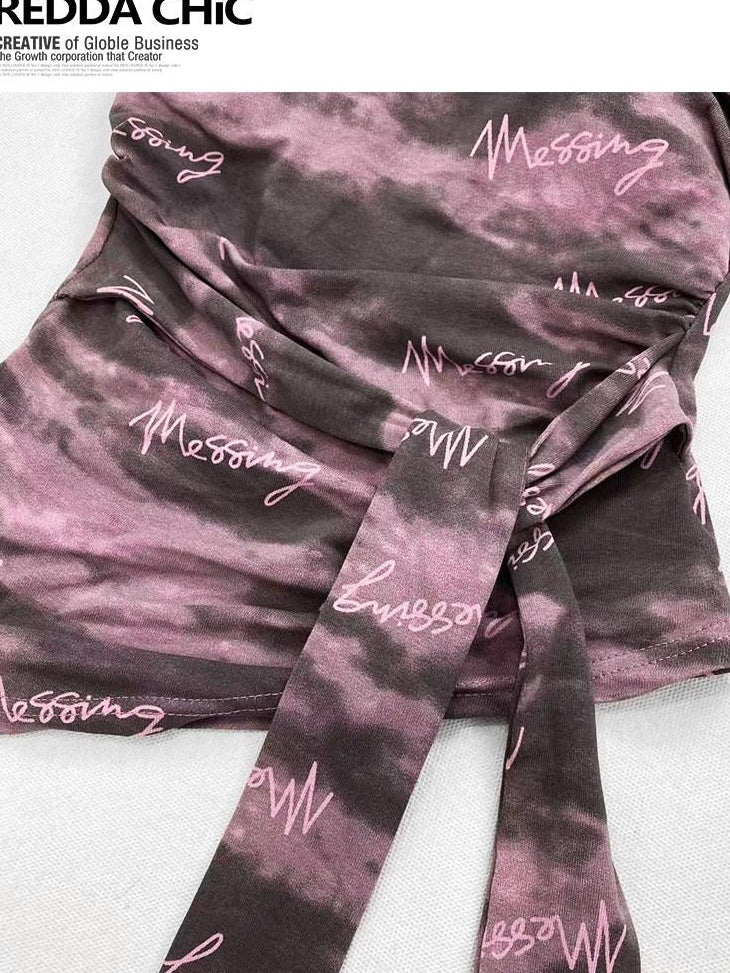ReddaChic Purple Letter Print Slim Fit Cropped Casual Short Sleeve T-Shirts
