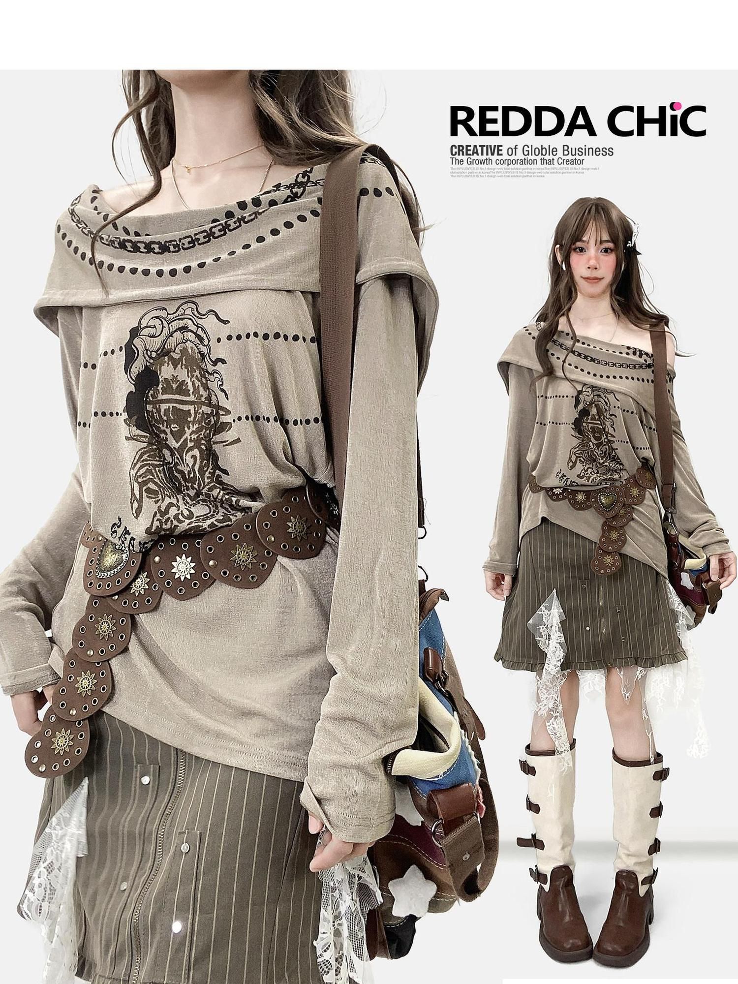 ReddaChic Quick Dry Velvet Patchwork Loose Fit Women Khaki Cross Long Sleeve T-Shirts