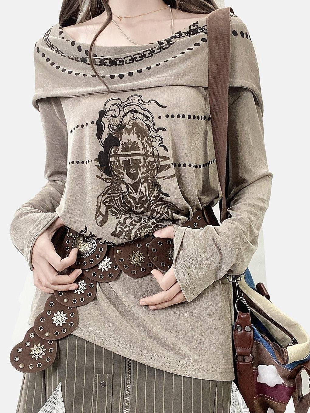 ReddaChic Quick Dry Velvet Patchwork Loose Fit Women Khaki Cross Long Sleeve T-Shirts