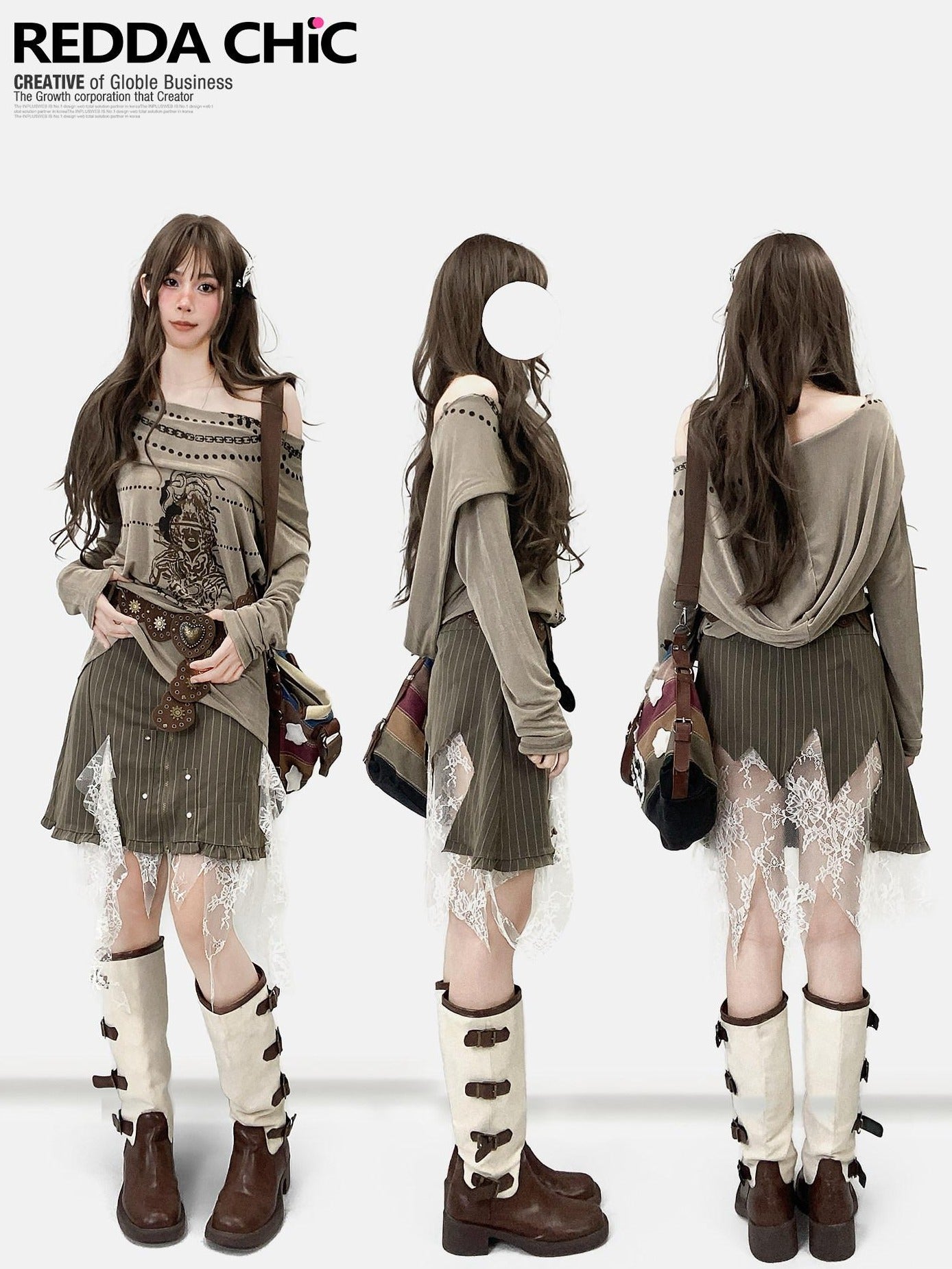 ReddaChic Quick Dry Velvet Patchwork Loose Fit Women Khaki Cross Long Sleeve T-Shirts