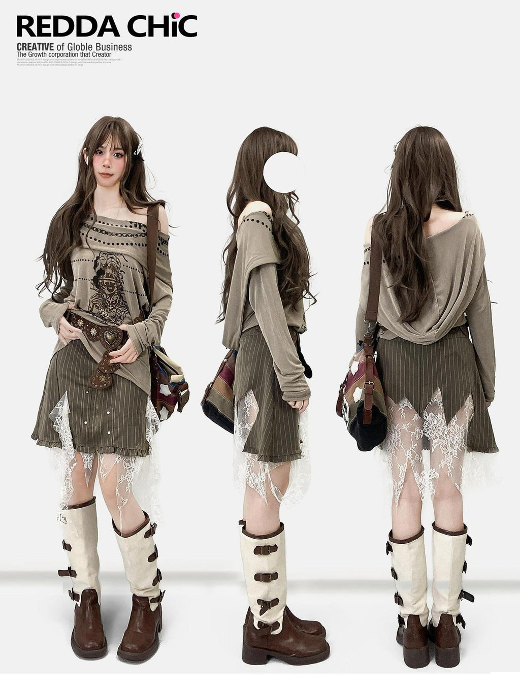 ReddaChic Quick Dry Velvet Patchwork Loose Fit Women Khaki Cross Long Sleeve T-Shirts