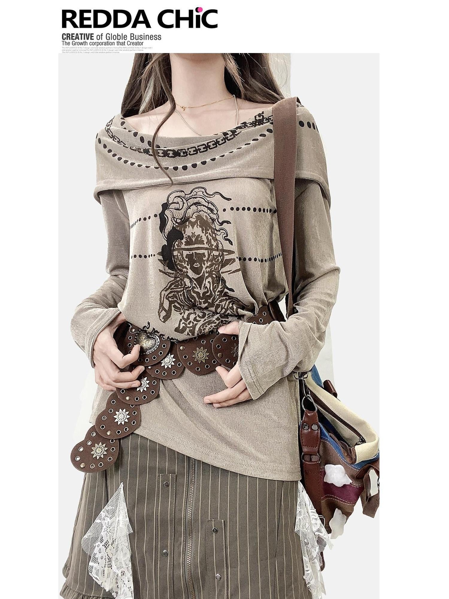 ReddaChic Quick Dry Velvet Patchwork Loose Fit Women Khaki Cross Long Sleeve T-Shirts