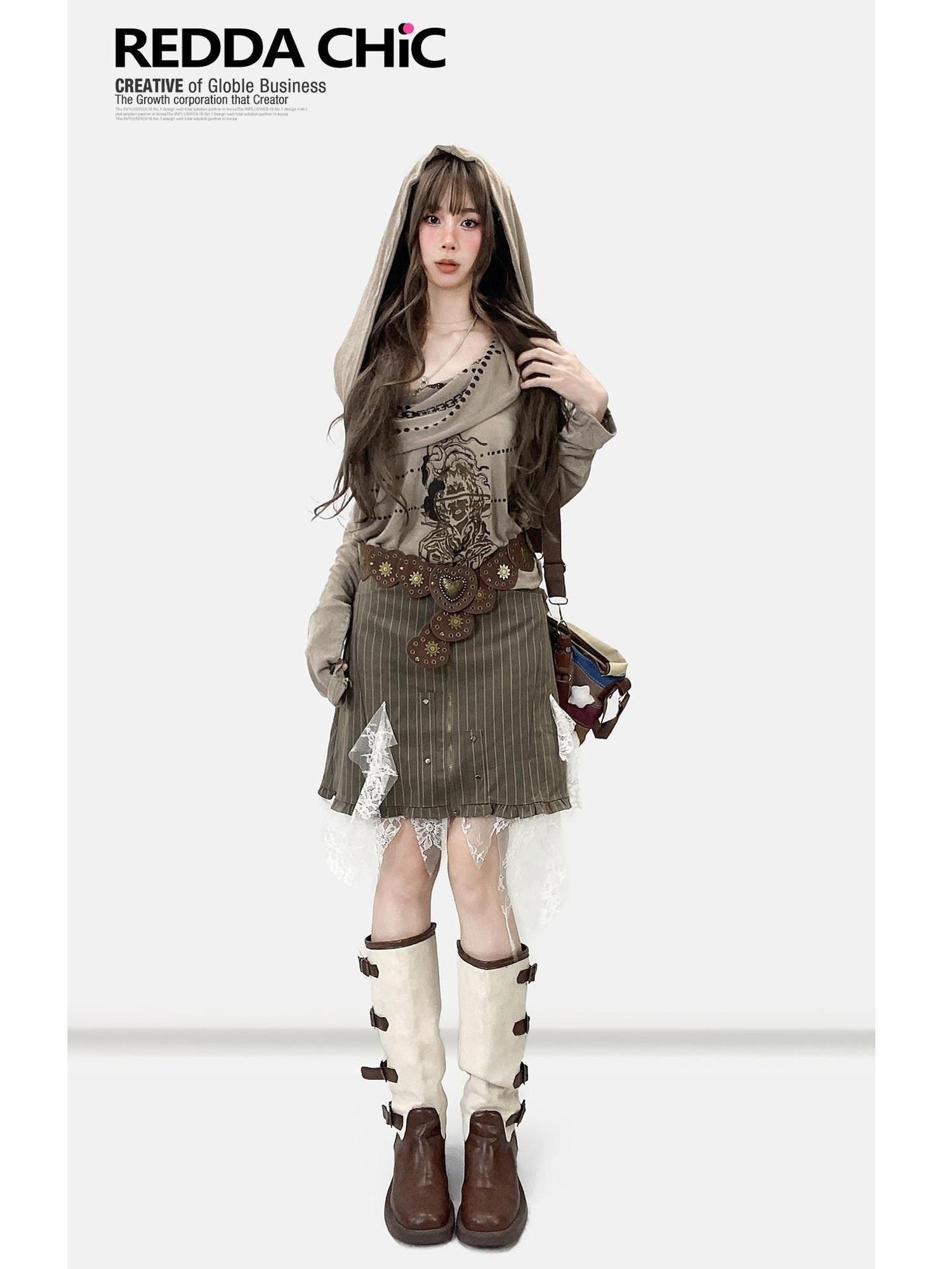 ReddaChic Quick Dry Velvet Patchwork Loose Fit Women Khaki Cross Long Sleeve T-Shirts