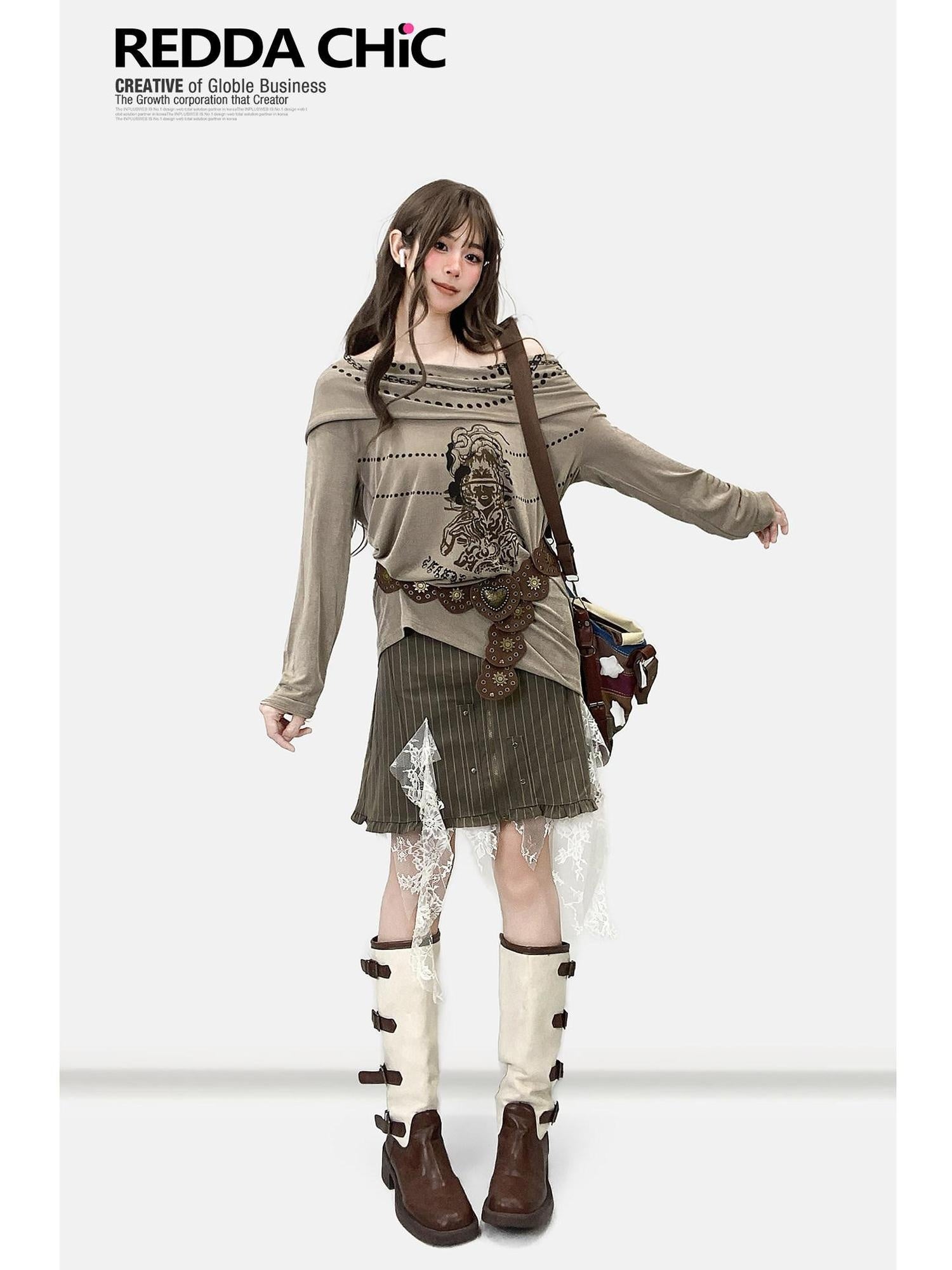 ReddaChic Quick Dry Velvet Patchwork Loose Fit Women Khaki Cross Long Sleeve T-Shirts