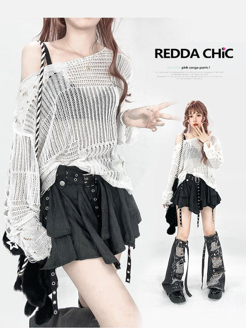 ReddaChic Recycled Green Fiber Streetwear Loose Fit Pullover White One Size Midi Skirts