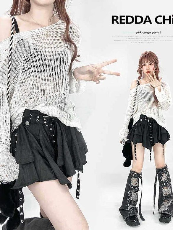 ReddaChic Recycled Green Fiber Streetwear Loose Fit Pullover White One Size Midi Skirts
