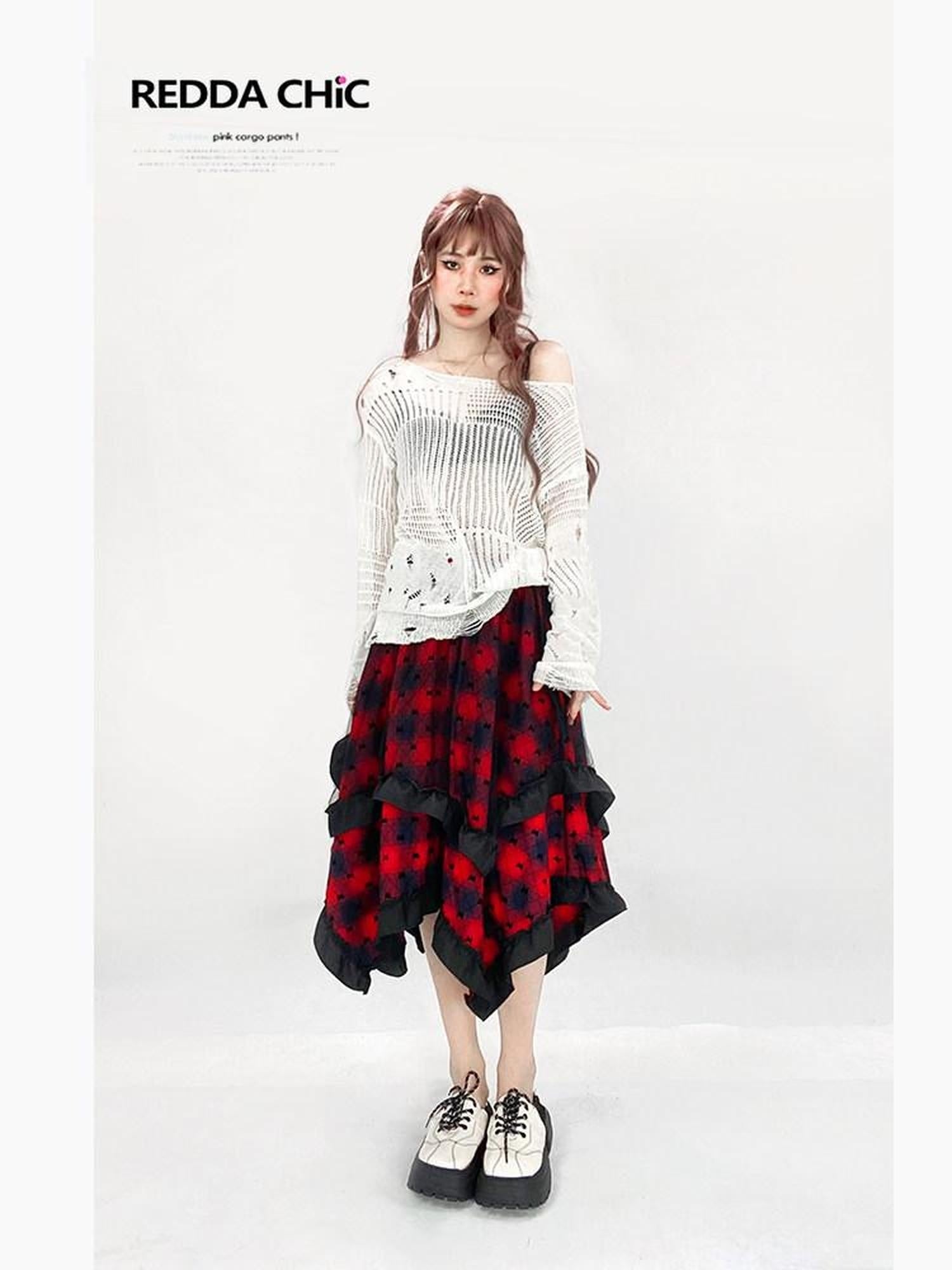 ReddaChic Recycled Green Fiber Streetwear Loose Fit Pullover White One Size Midi Skirts