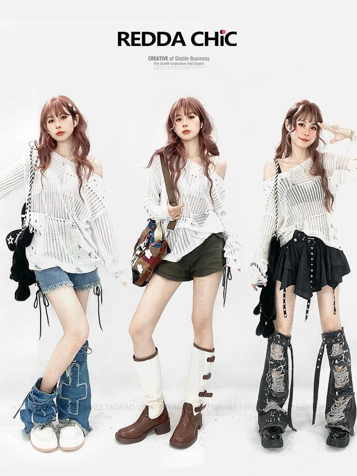ReddaChic Recycled Green Fiber Streetwear Loose Fit Pullover White One Size Midi Skirts