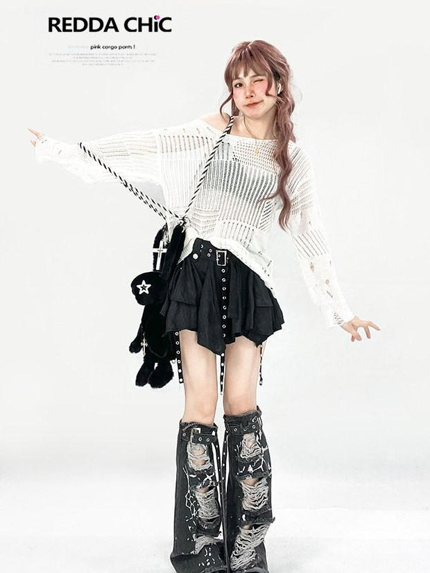 ReddaChic Recycled Green Fiber Streetwear Loose Fit Pullover White One Size Midi Skirts