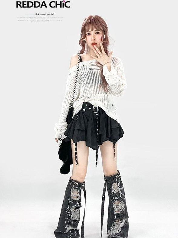 ReddaChic Recycled Green Fiber Streetwear Loose Fit Pullover White One Size Midi Skirts