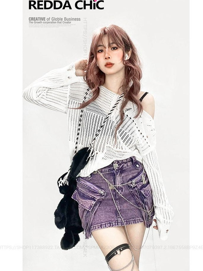 ReddaChic Recycled Green Fiber Streetwear Loose Fit Pullover White One Size Midi Skirts