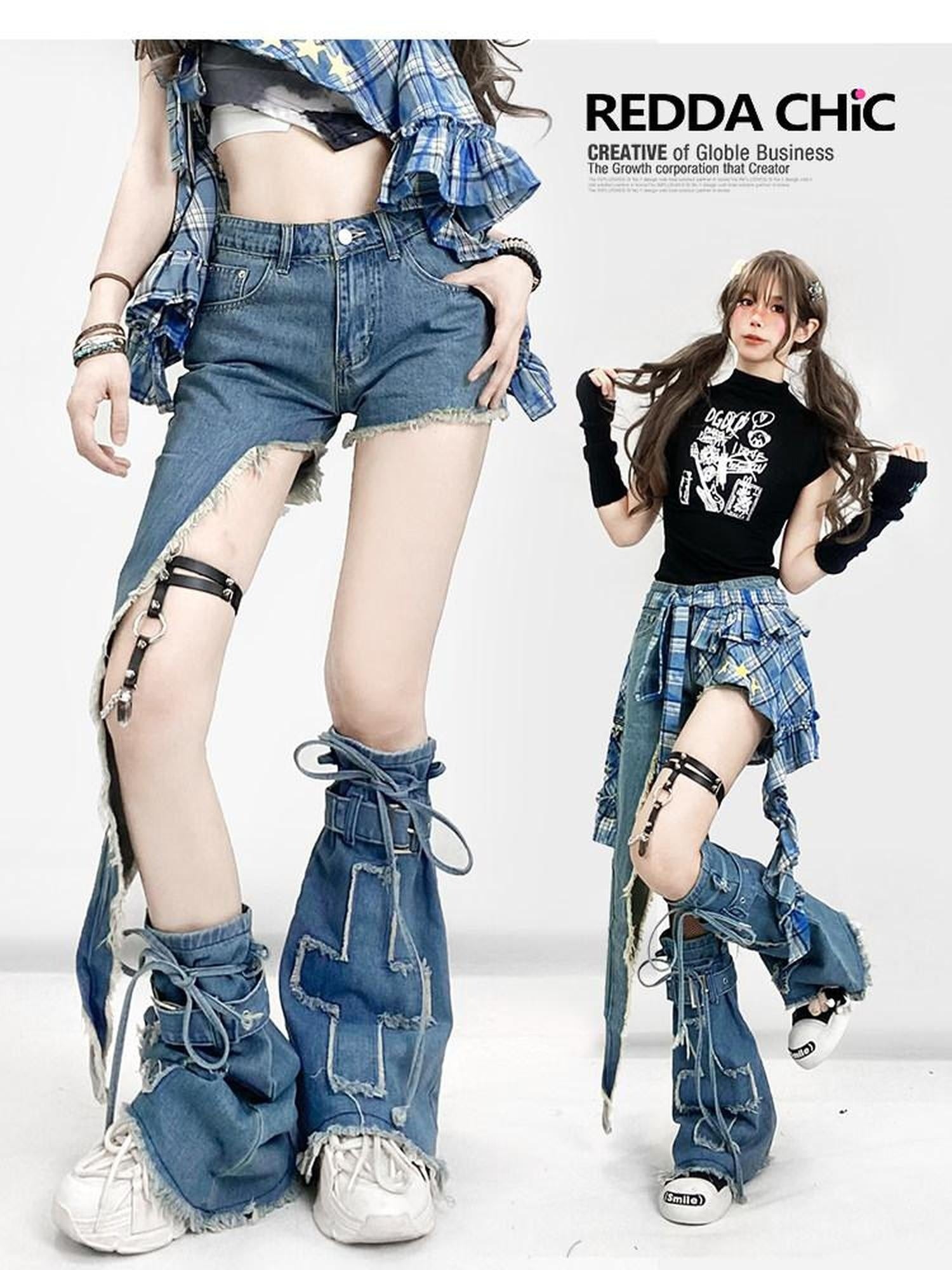 ReddaChic Relaxed Zipper Denim Blue Oversized Casual Women Long Sleeve T-Shirts