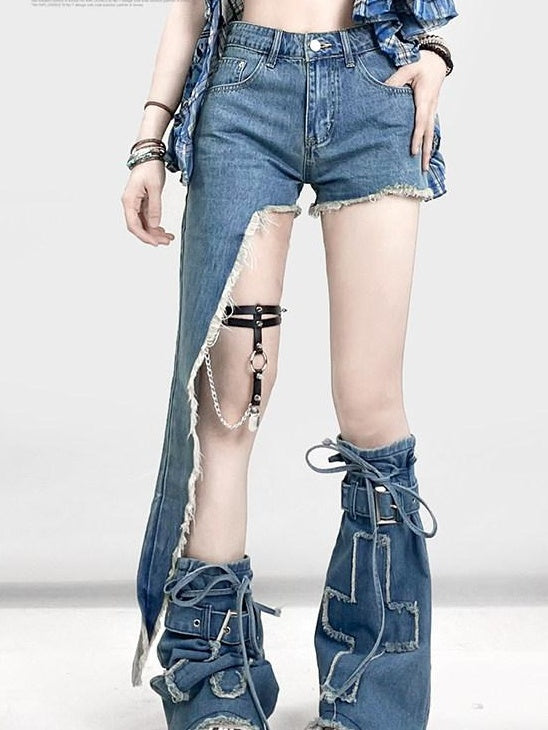 ReddaChic Relaxed Zipper Denim Blue Oversized Casual Women Long Sleeve T-Shirts