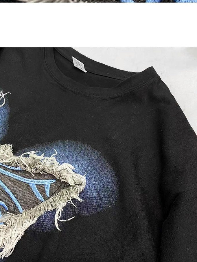 ReddaChic Retro Applique Oversize Round Neck Women Gradient Animal Long Sleeve T-Shirts