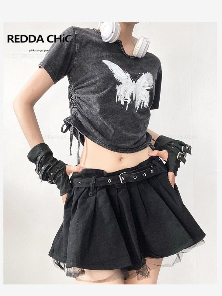 ReddaChic Retro Sci Fi Print Denim Loose Cropped Crew Neck Dark Gray Short Sleeve T-Shirts