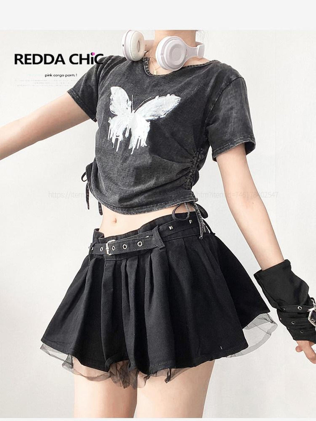 ReddaChic Retro Sci Fi Print Denim Loose Cropped Crew Neck Dark Gray Short Sleeve T-Shirts