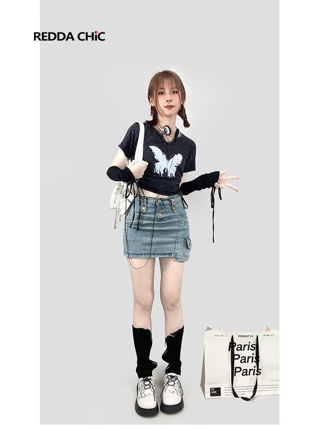 ReddaChic Retro Sci Fi Print Denim Loose Cropped Crew Neck Dark Gray Short Sleeve T-Shirts