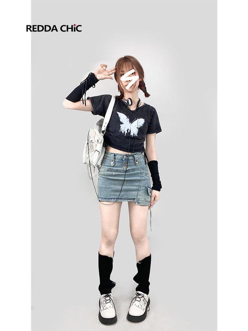 ReddaChic Retro Sci Fi Print Denim Loose Cropped Crew Neck Dark Gray Short Sleeve T-Shirts