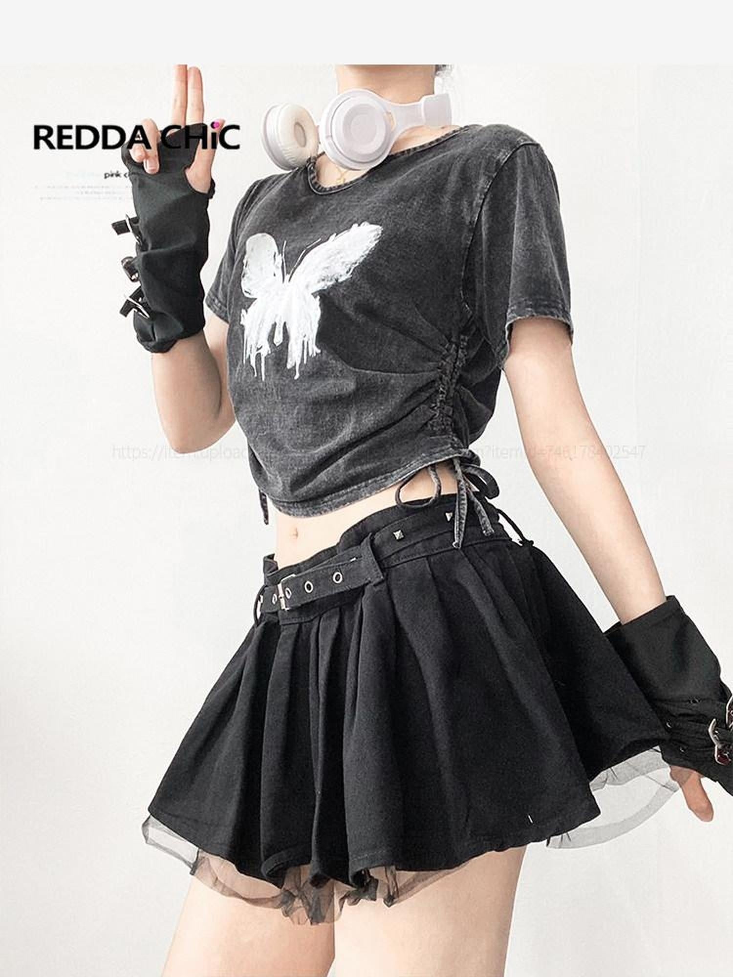 ReddaChic Retro Sci Fi Print Denim Loose Cropped Crew Neck Dark Gray Short Sleeve T-Shirts