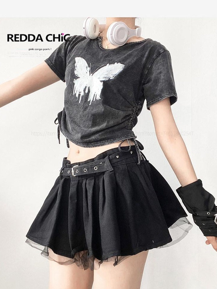 ReddaChic Retro Sci Fi Print Denim Loose Cropped Crew Neck Dark Gray Short Sleeve T-Shirts