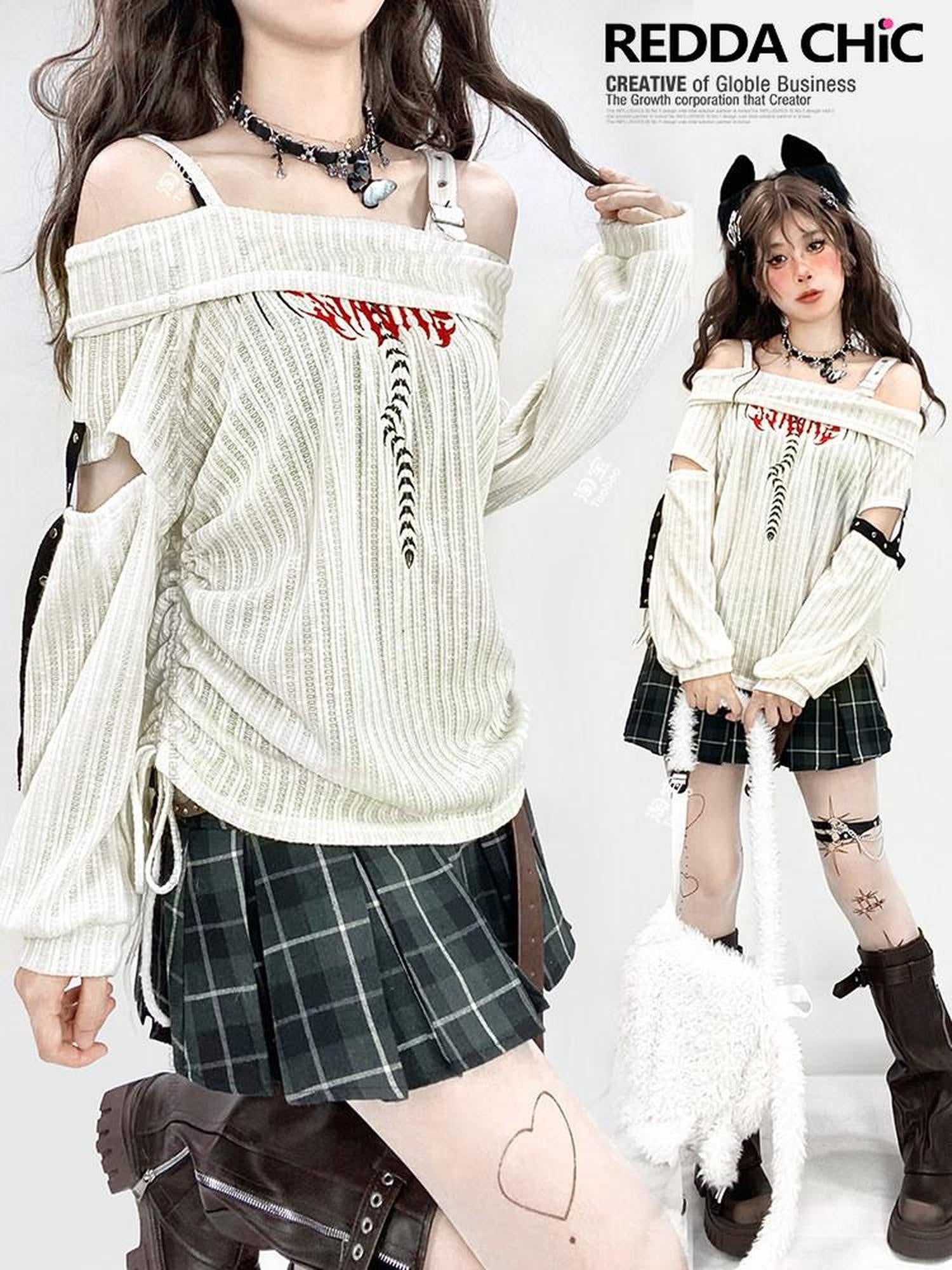 ReddaChic Ripped Drawstring White Street Bardot Longsleeve Youth Camisoles