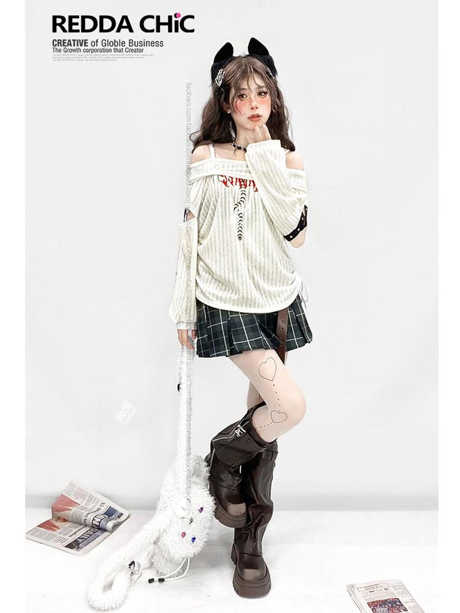 ReddaChic Ripped Drawstring White Street Bardot Longsleeve Youth Camisoles