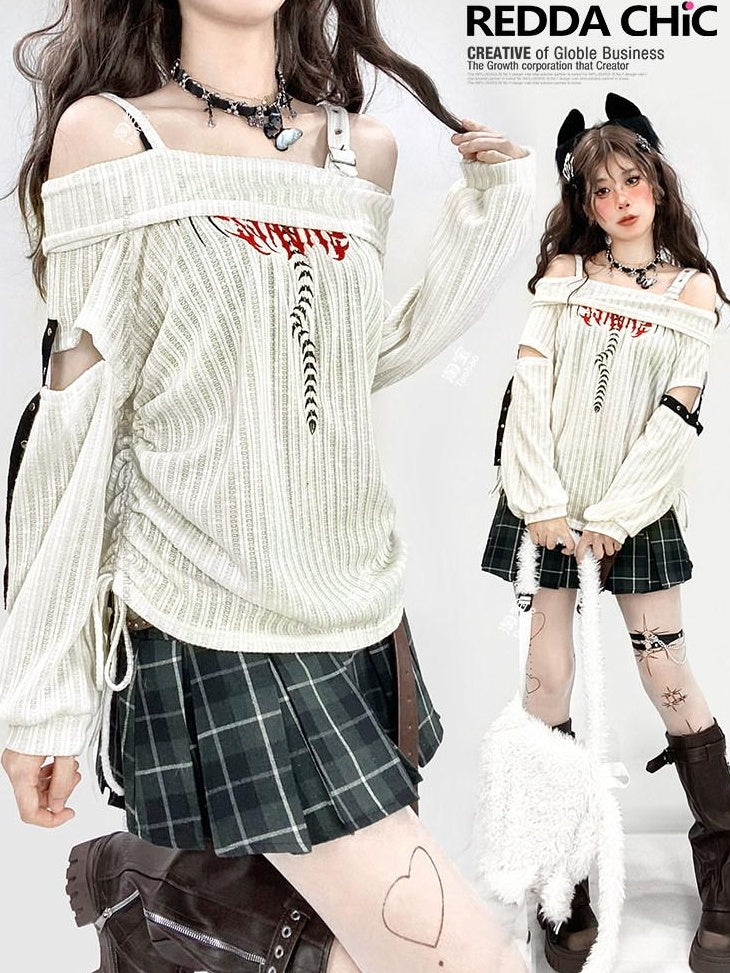 ReddaChic Ripped Drawstring White Street Bardot Longsleeve Youth Camisoles