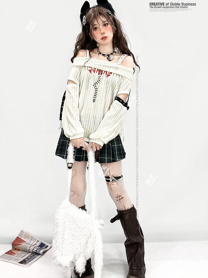 ReddaChic Ripped Drawstring White Street Bardot Longsleeve Youth Camisoles