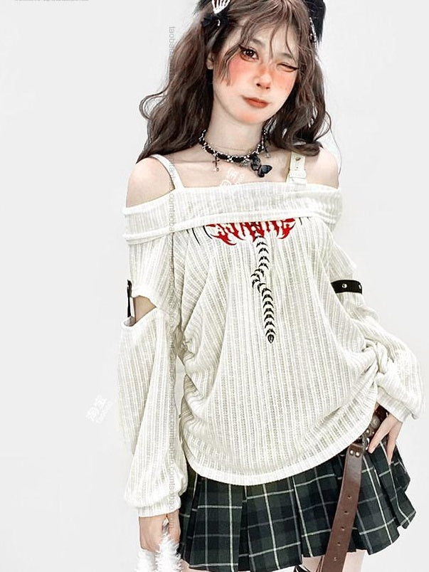 ReddaChic Ripped Drawstring White Street Bardot Longsleeve Youth Camisoles