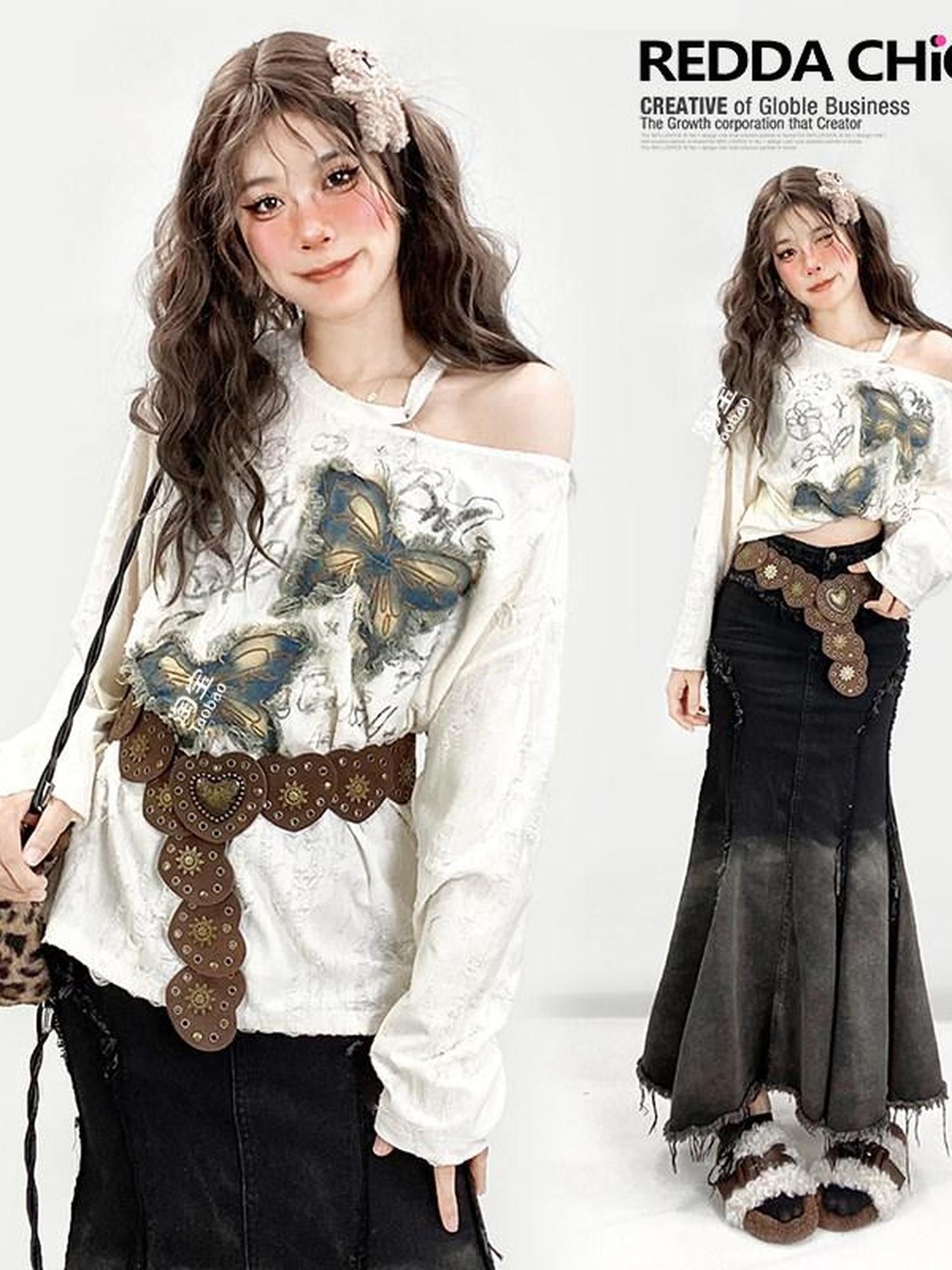 ReddaChic Riveted Belt Waist Cincher Glossy Finish Young Women Coffee Maxi Skirts