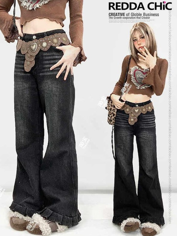 ReddaChic Riveted Belt Waist Cincher Glossy Finish Young Women Coffee Maxi Skirts