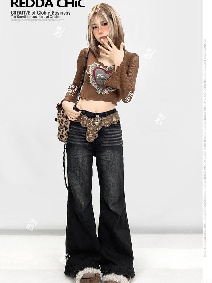 ReddaChic Riveted Belt Waist Cincher Glossy Finish Young Women Coffee Maxi Skirts