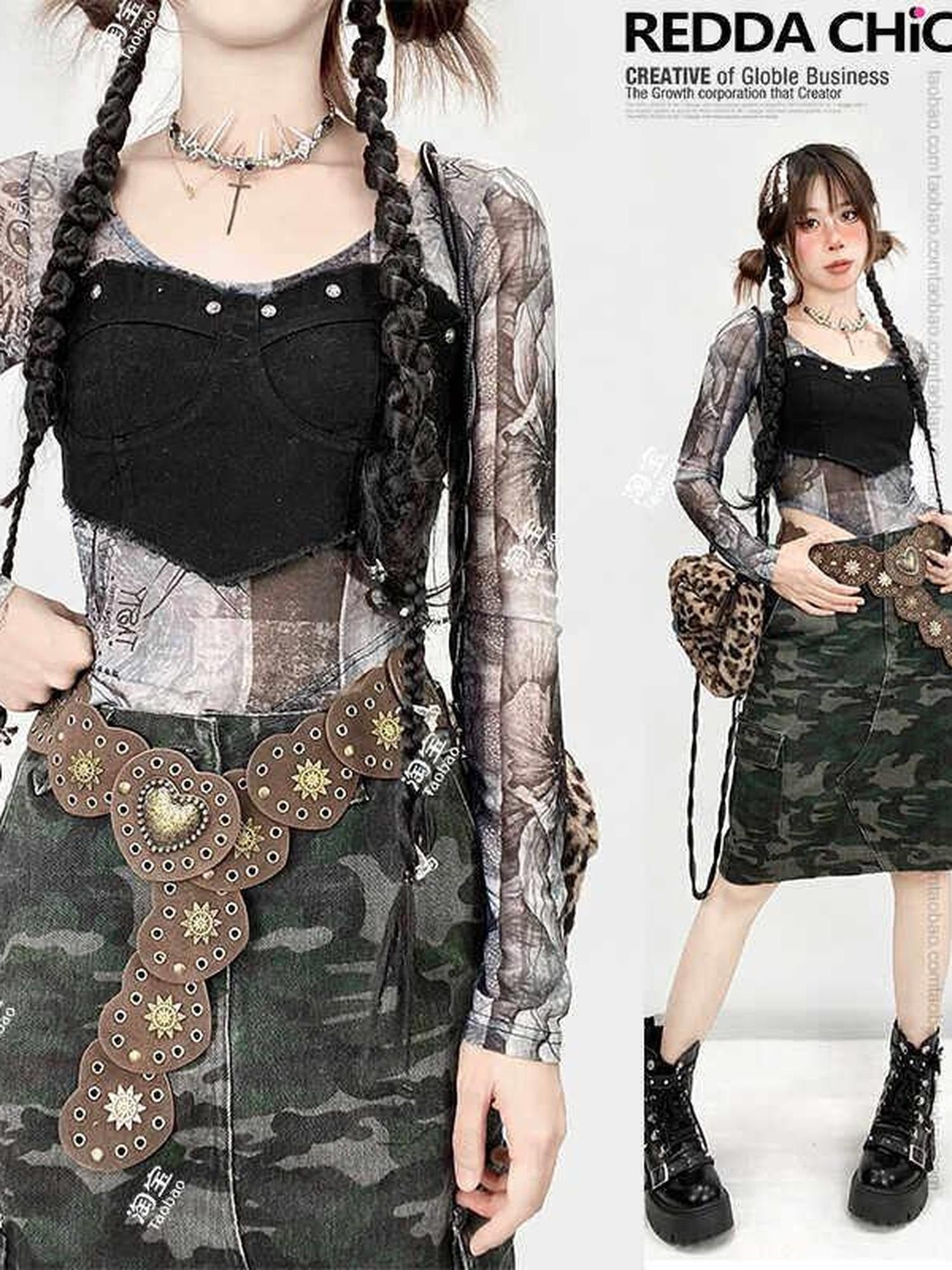 ReddaChic Riveted Belt Waist Cincher Glossy Finish Young Women Coffee Maxi Skirts