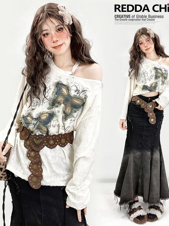 ReddaChic Riveted Belt Waist Cincher Glossy Finish Young Women Coffee Maxi Skirts