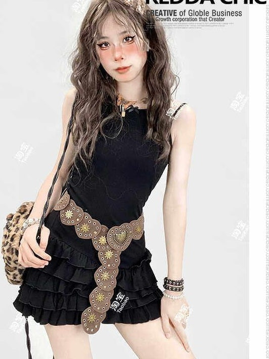 ReddaChic Riveted Belt Waist Cincher Glossy Finish Young Women Coffee Maxi Skirts