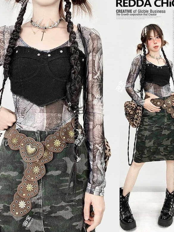 ReddaChic Riveted Belt Waist Cincher Glossy Finish Young Women Coffee Maxi Skirts